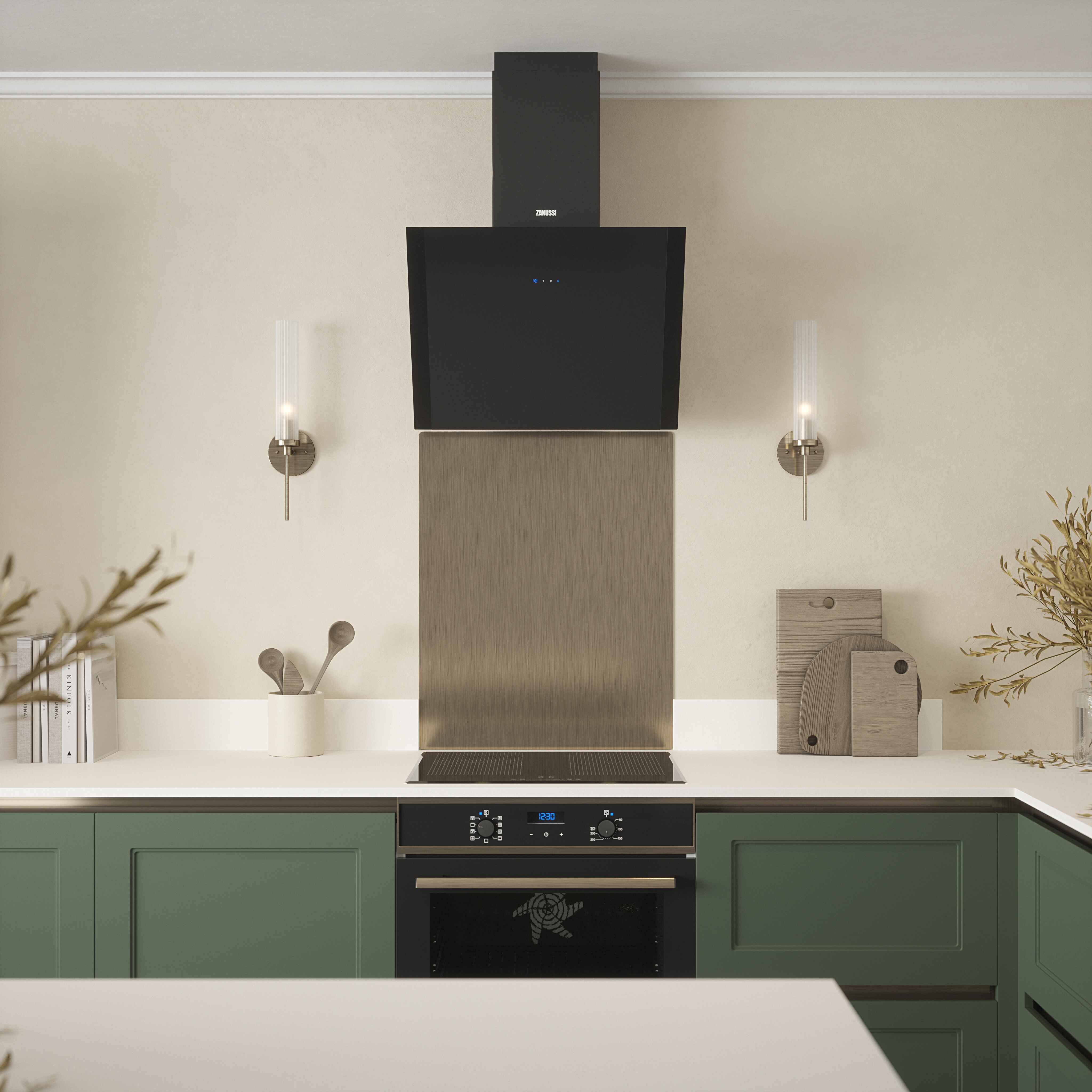 Modern kitchen with Rothley splashback fitted above oven