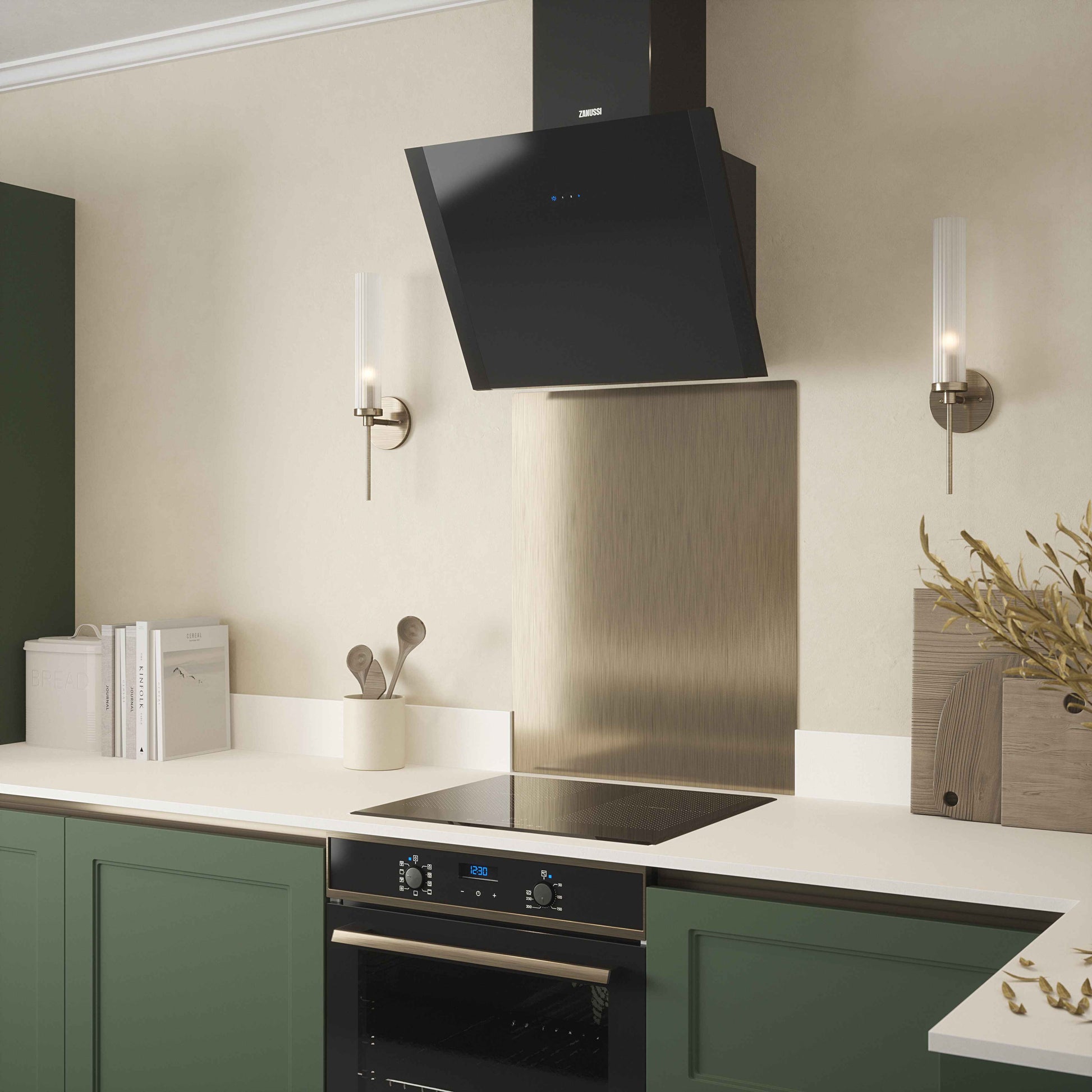 Antique brass kitchen splashback fitted in modern kitchen