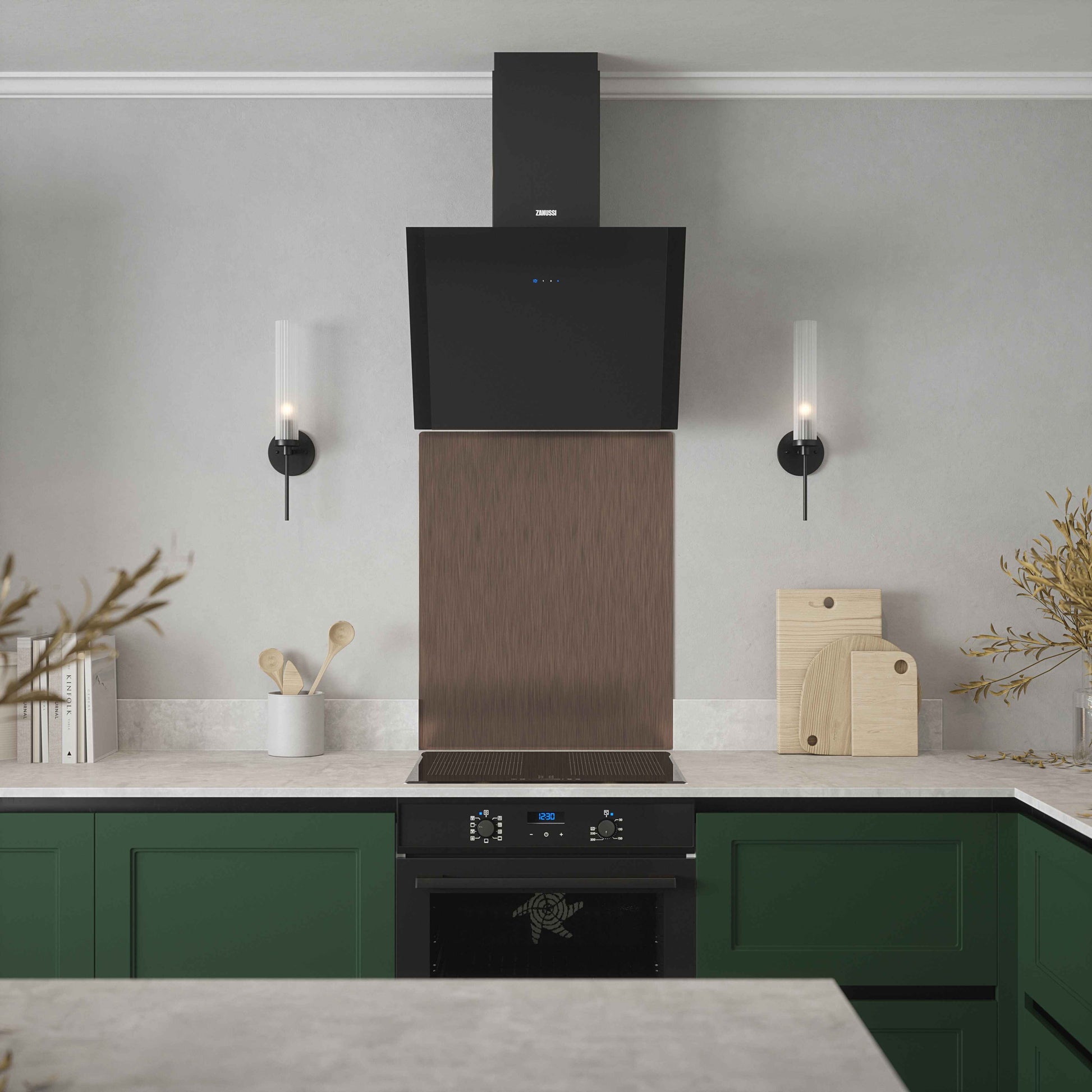 Sleek antique copper kitchen splashback fitted in green minimalist kitchen