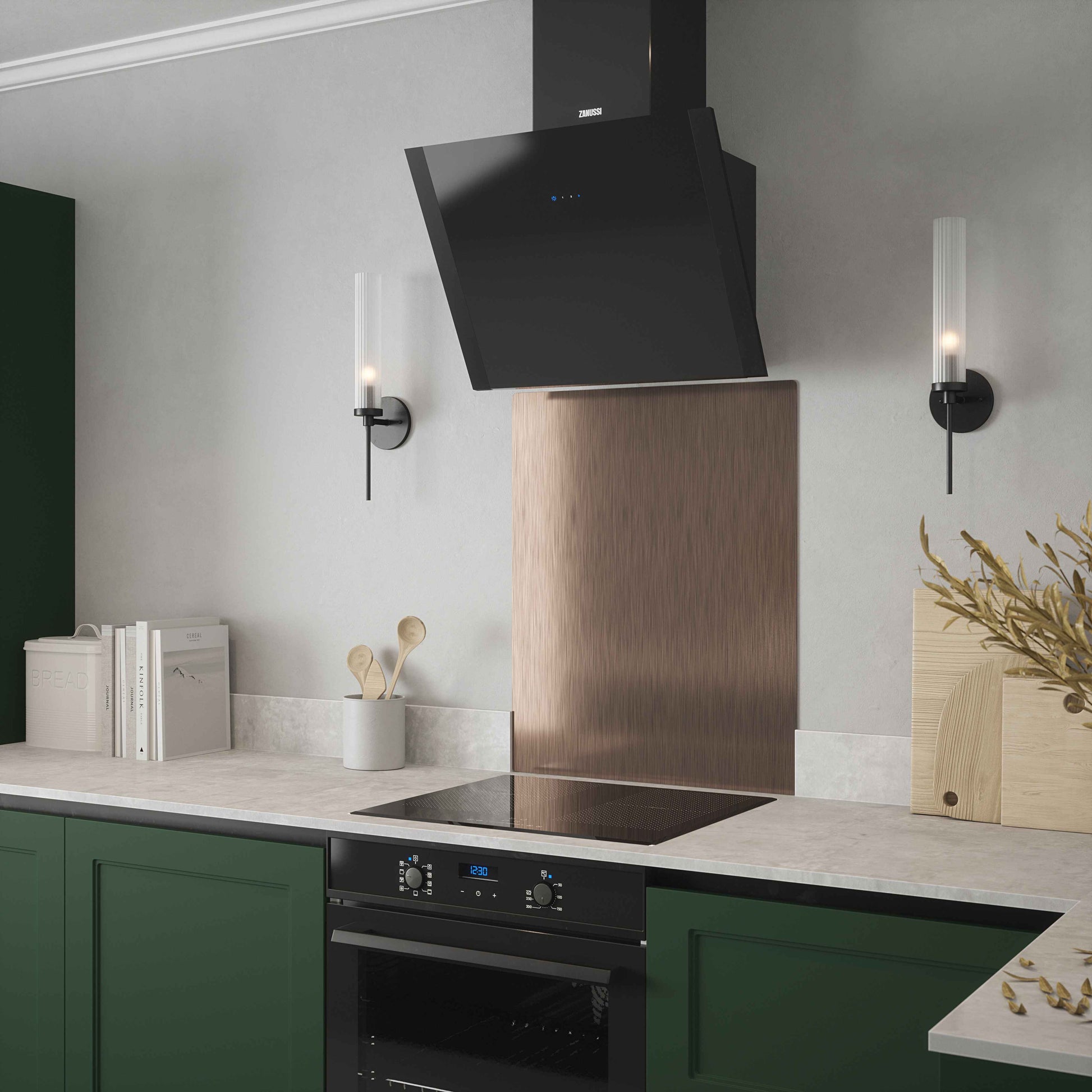 Rothley antique copper coloured kitchen splashback positioned in modern green kitchen