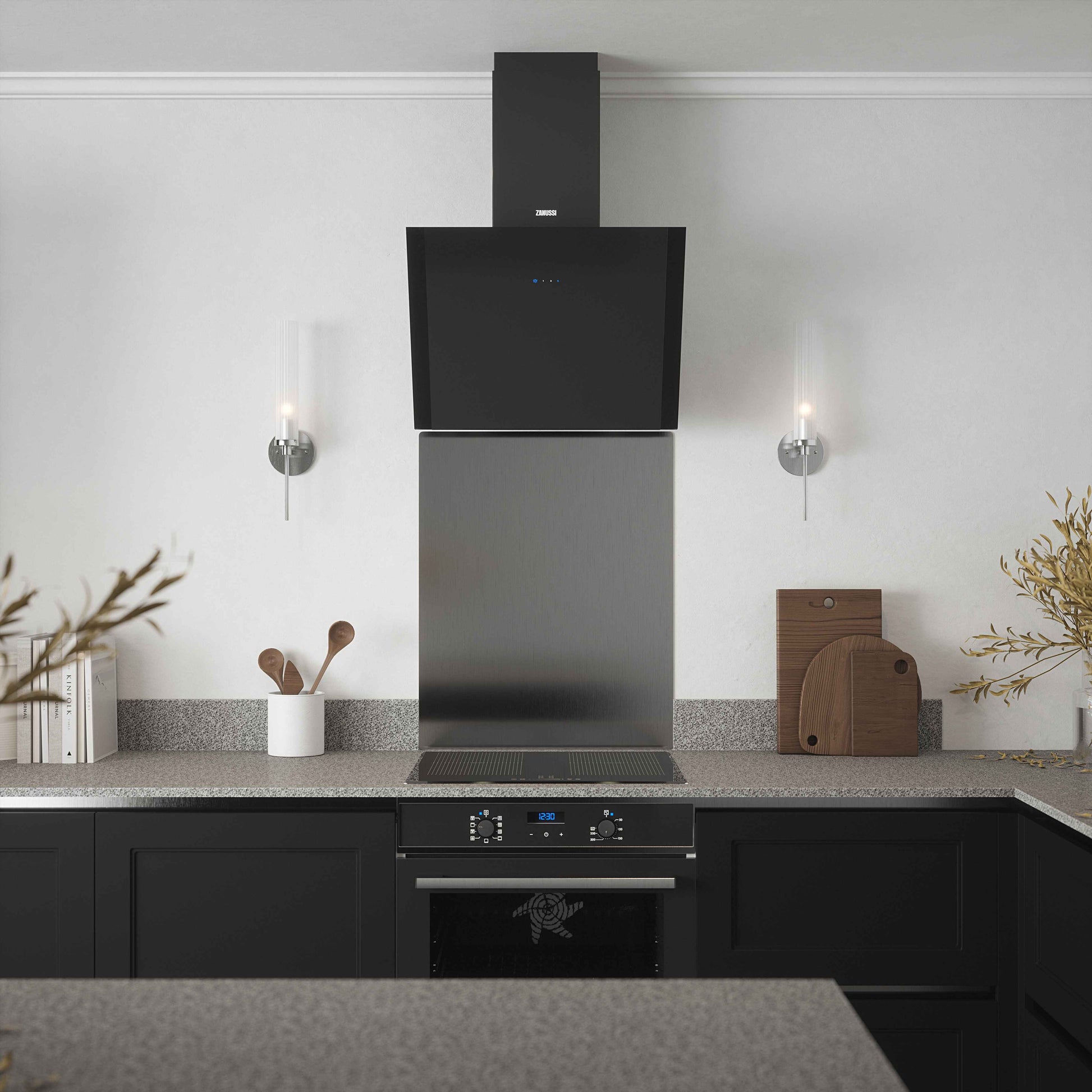 Hairline silver kitchen splashback by Rothley, fitted in black/grey contemporary kitchen