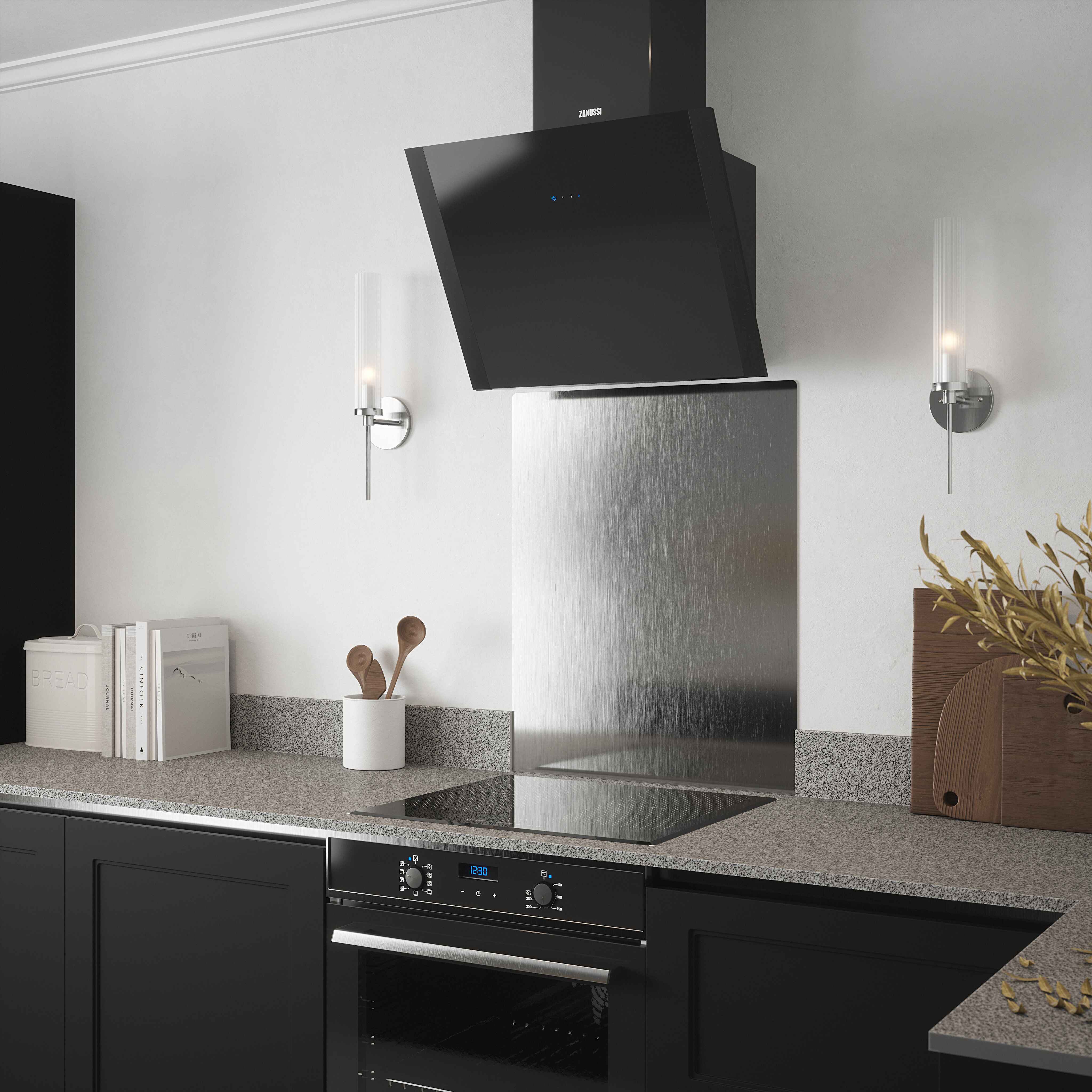 Hairline silver kitchen splashback installed in sleek modern kitchen