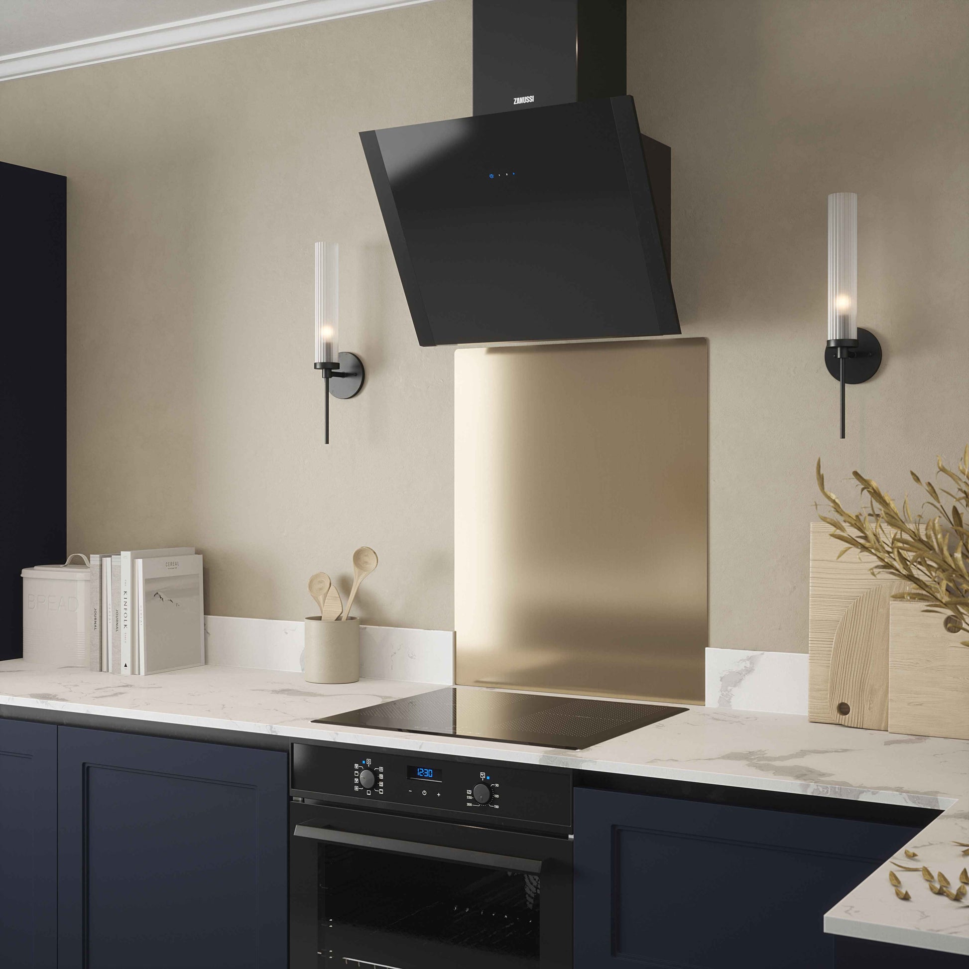 Champagne kitchen splashback in dark navy kitchen