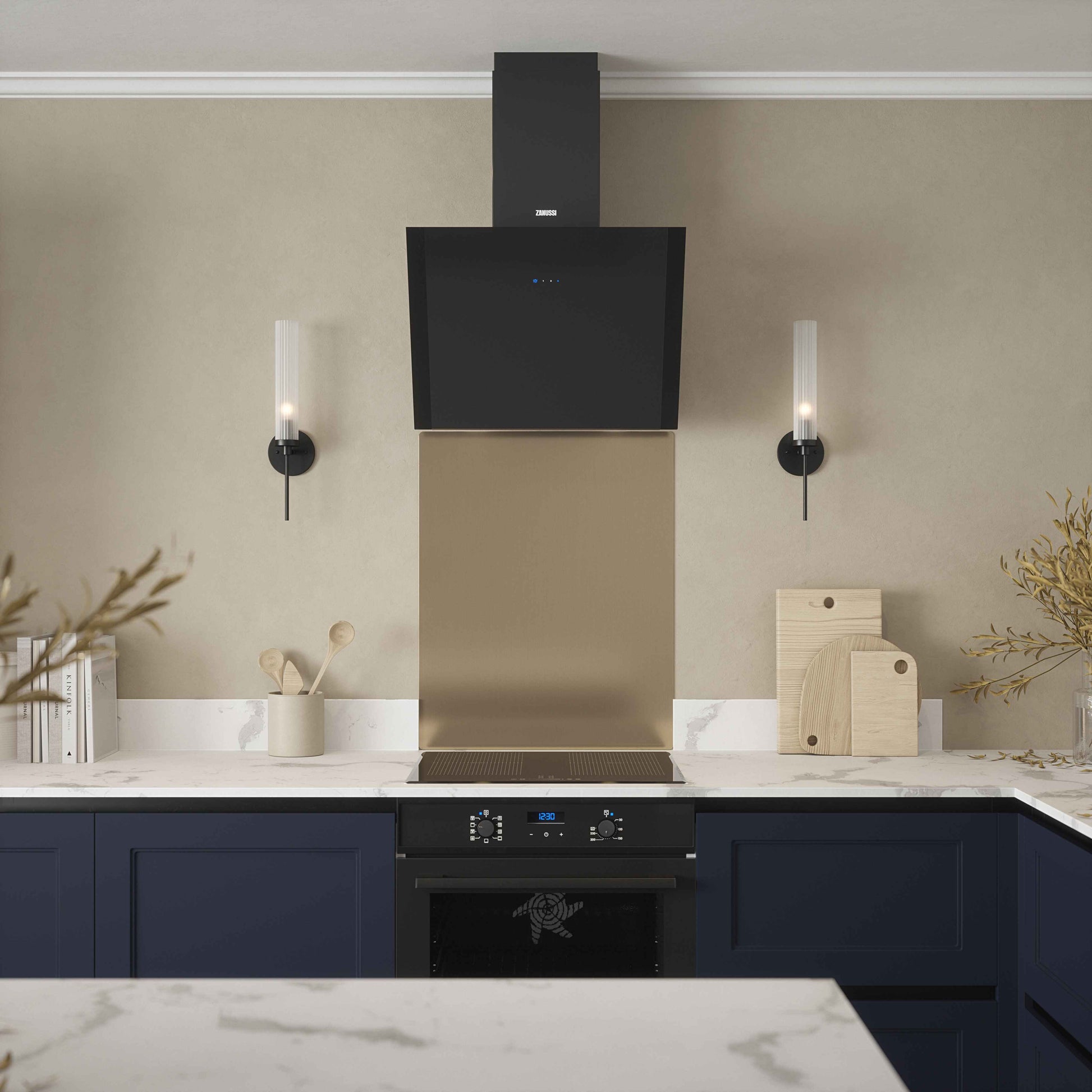 Rothley champagne splashback installed in modern blue kitchen