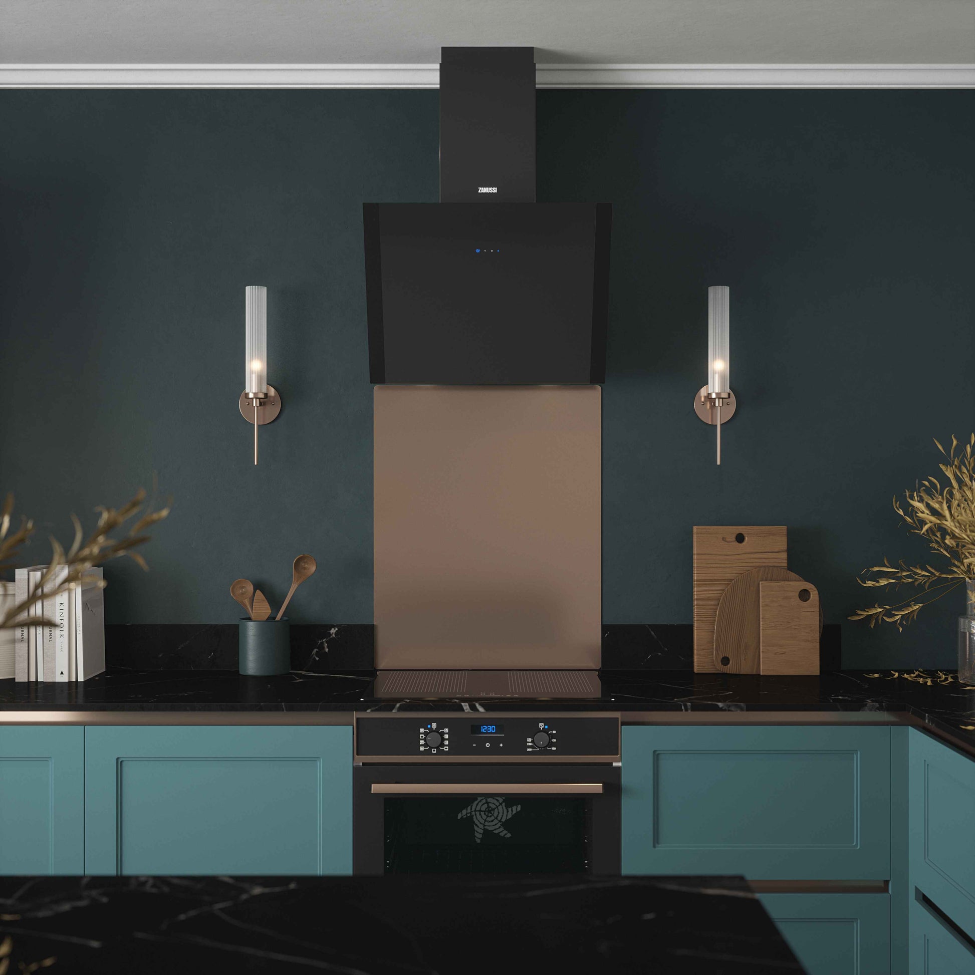 Front view of Rothley copper kitchen splashback within contemporary blue kitchen