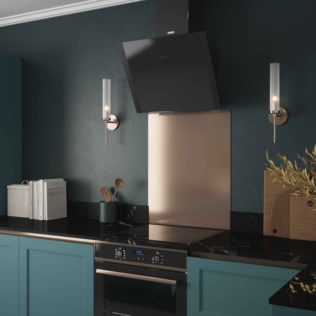 Copper kitchen splashback fitted in modern dark blue kitchen