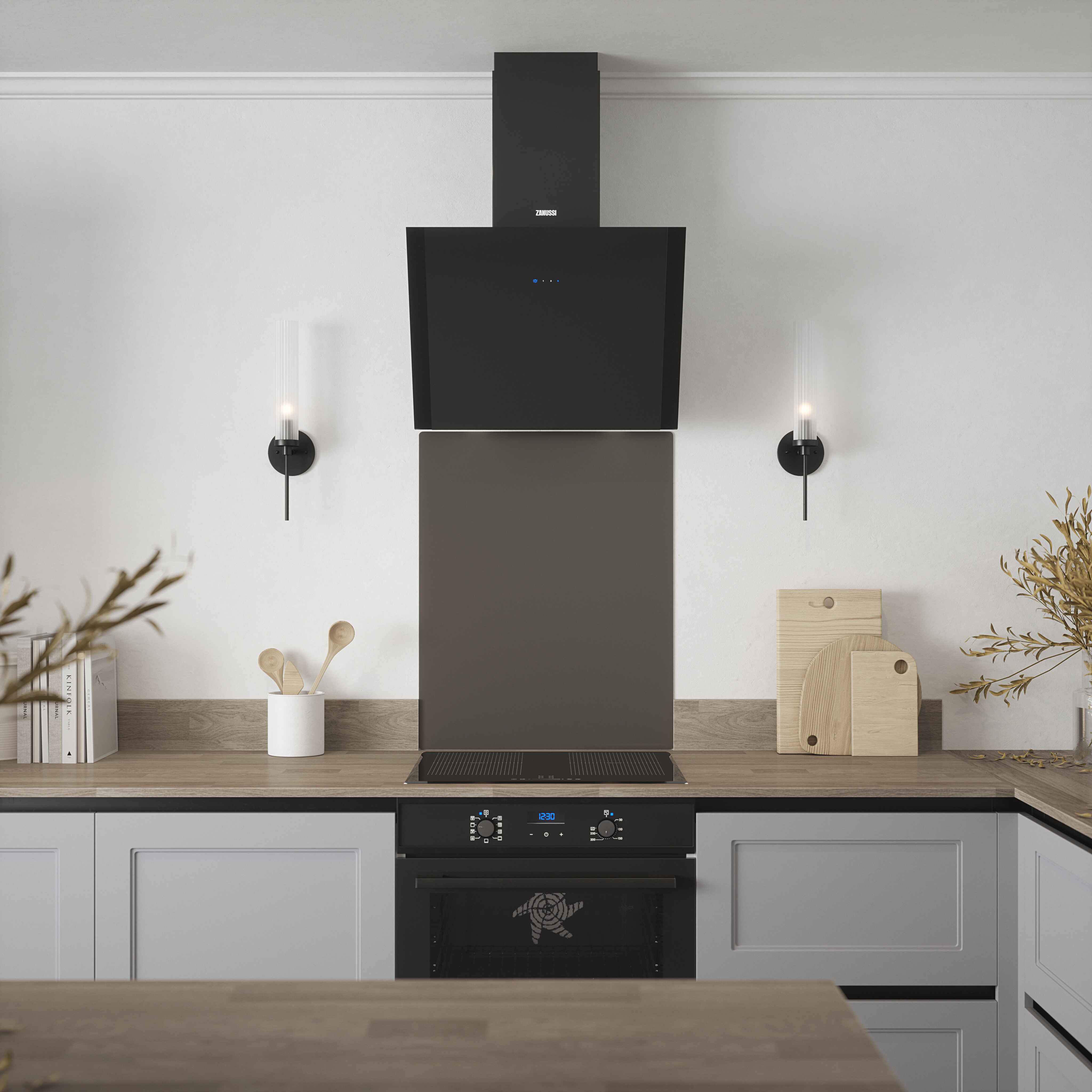 Front view of Rothley matt gun metal splashback above oven in minimalist kitchen