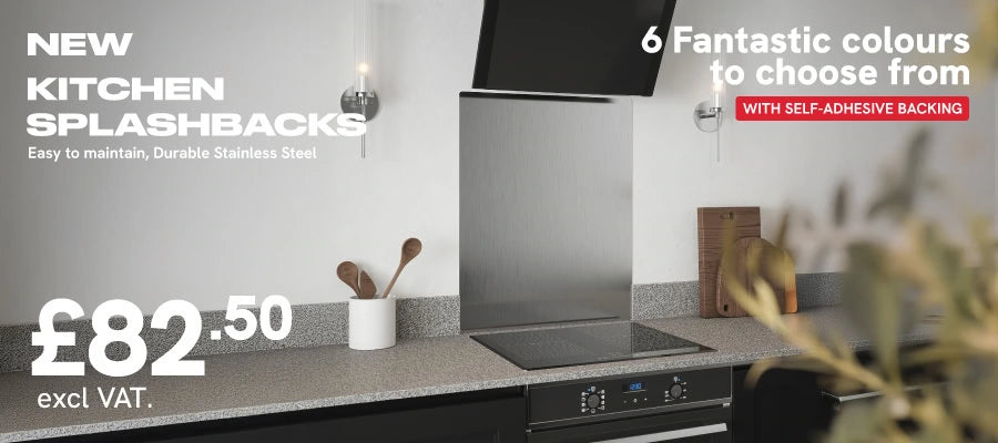 Rothley kitchen metal splashbacks banner advert showing 6 new splashback colours with self adhesive backing price £82.50 excluding vat2